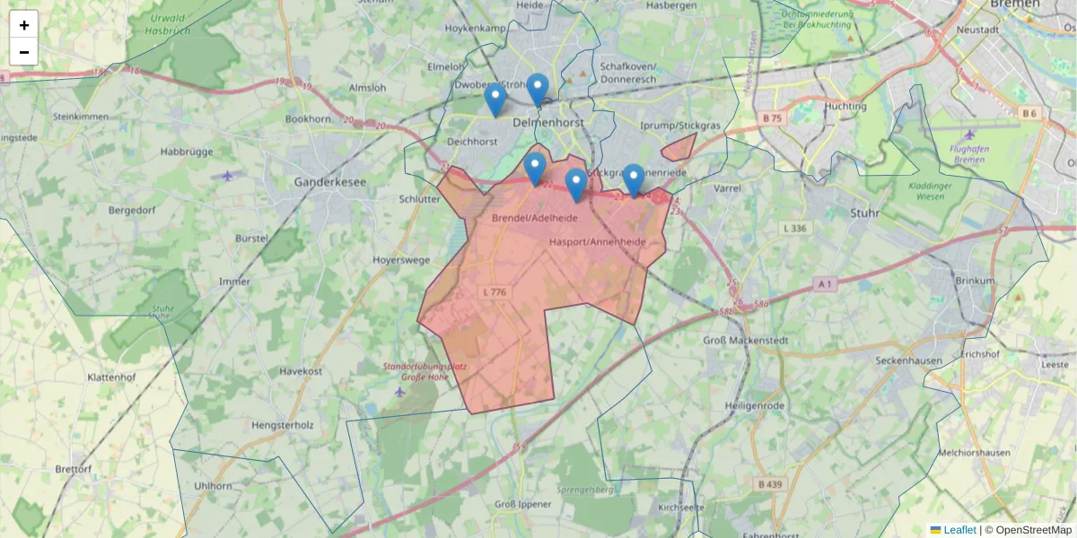 Karte des Postleitzahlen Bereichs  und der umliegenden Postleitzahlen in Deutschland