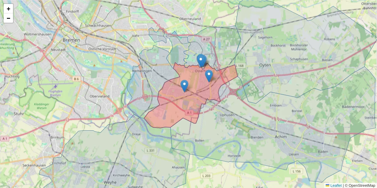 Karte des Postleitzahlen Bereichs  und der umliegenden Postleitzahlen in Deutschland
