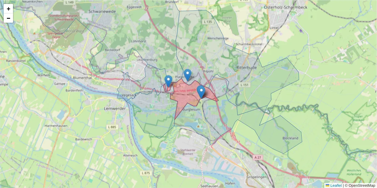 Karte des Postleitzahlen Bereichs  und der umliegenden Postleitzahlen in Deutschland