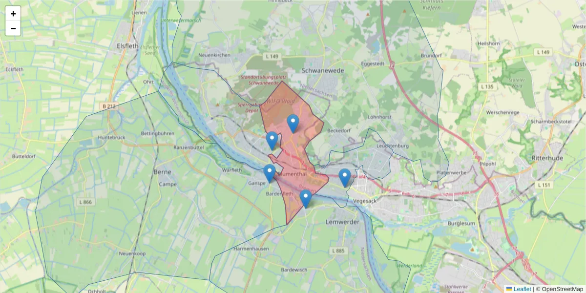 Karte des Postleitzahlen Bereichs  und der umliegenden Postleitzahlen in Deutschland