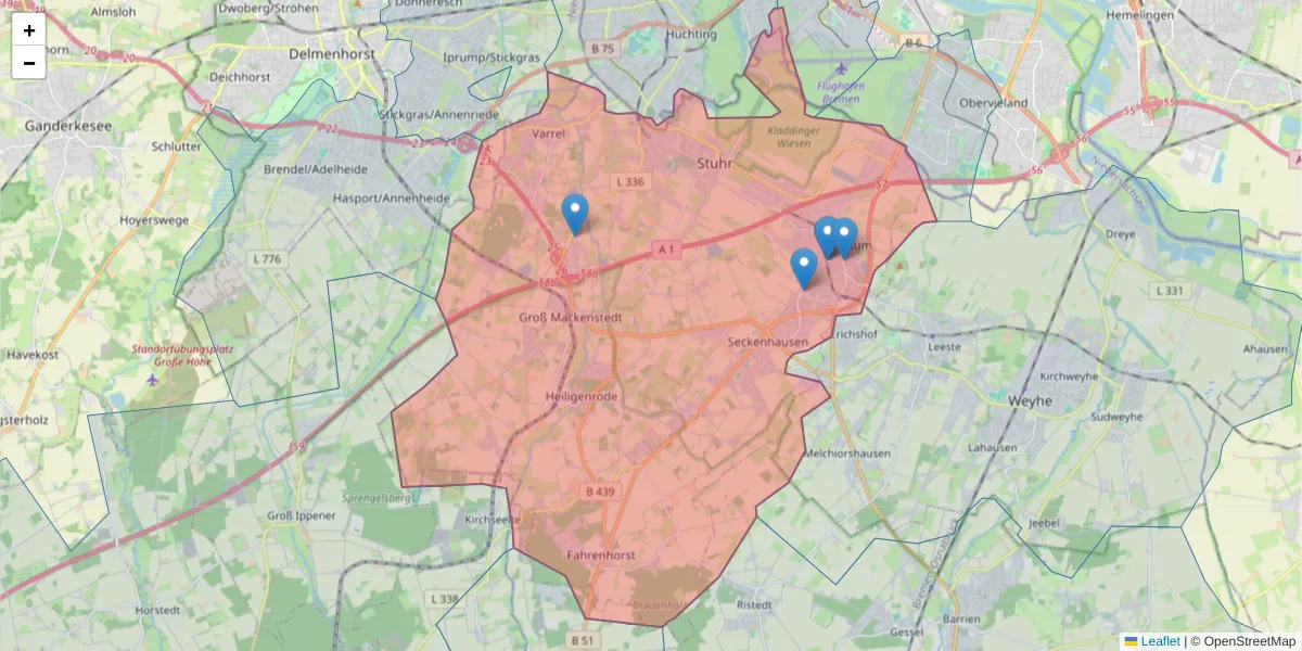 Karte des Postleitzahlen Bereichs  und der umliegenden Postleitzahlen in Deutschland