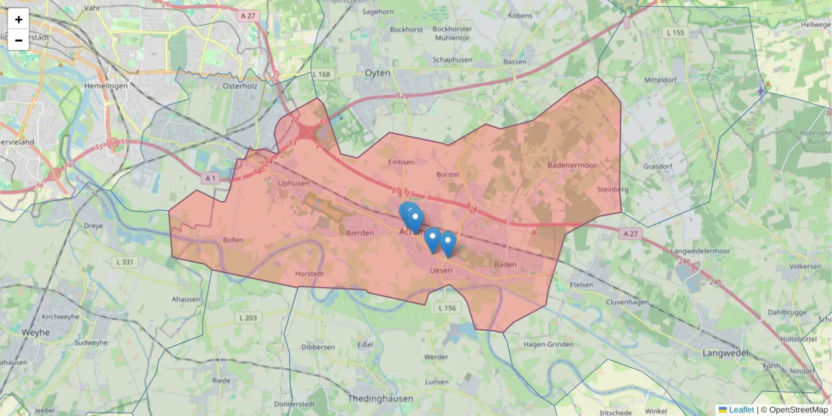Karte des Postleitzahlen Bereichs  und der umliegenden Postleitzahlen in Deutschland