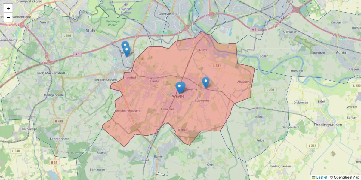 Karte des Postleitzahlen Bereichs  und der umliegenden Postleitzahlen in Deutschland