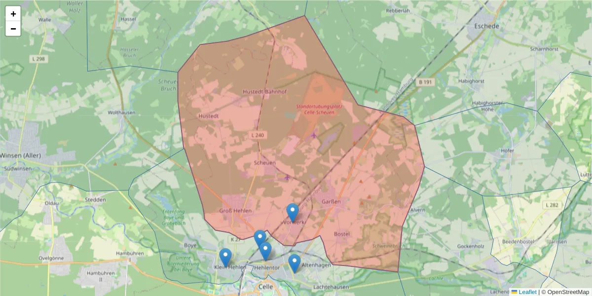 Karte des Postleitzahlen Bereichs  und der umliegenden Postleitzahlen in Deutschland