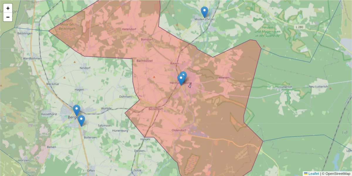 Karte des Postleitzahlen Bereichs  und der umliegenden Postleitzahlen in Deutschland