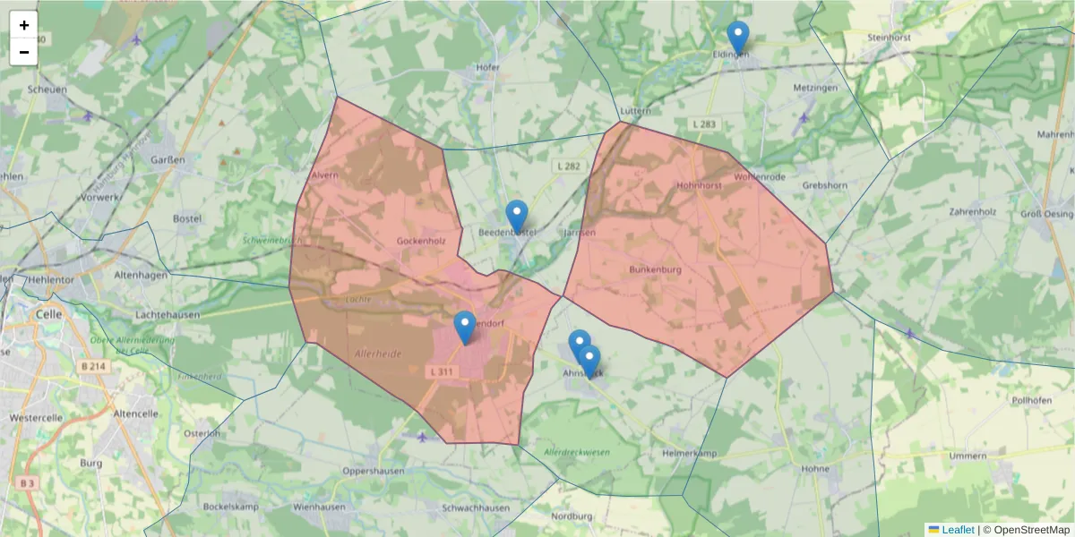Karte des Postleitzahlen Bereichs  und der umliegenden Postleitzahlen in Deutschland