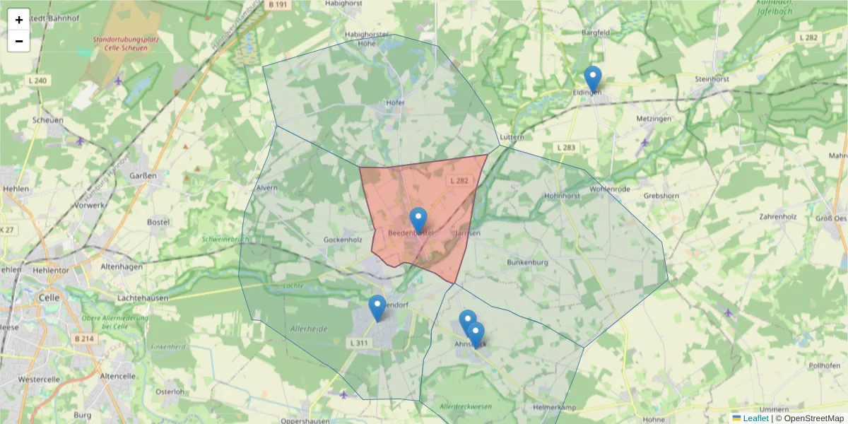 Karte des Postleitzahlen Bereichs  und der umliegenden Postleitzahlen in Deutschland