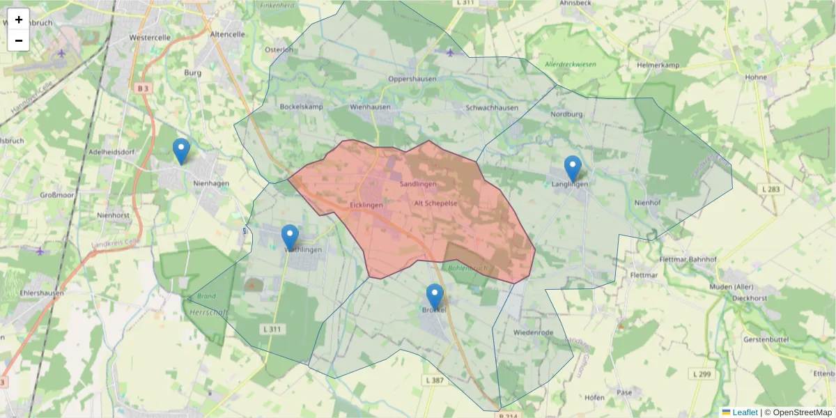 Karte des Postleitzahlen Bereichs  und der umliegenden Postleitzahlen in Deutschland