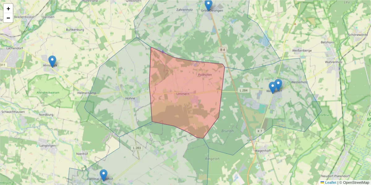 Karte des Postleitzahlen Bereichs  und der umliegenden Postleitzahlen in Deutschland