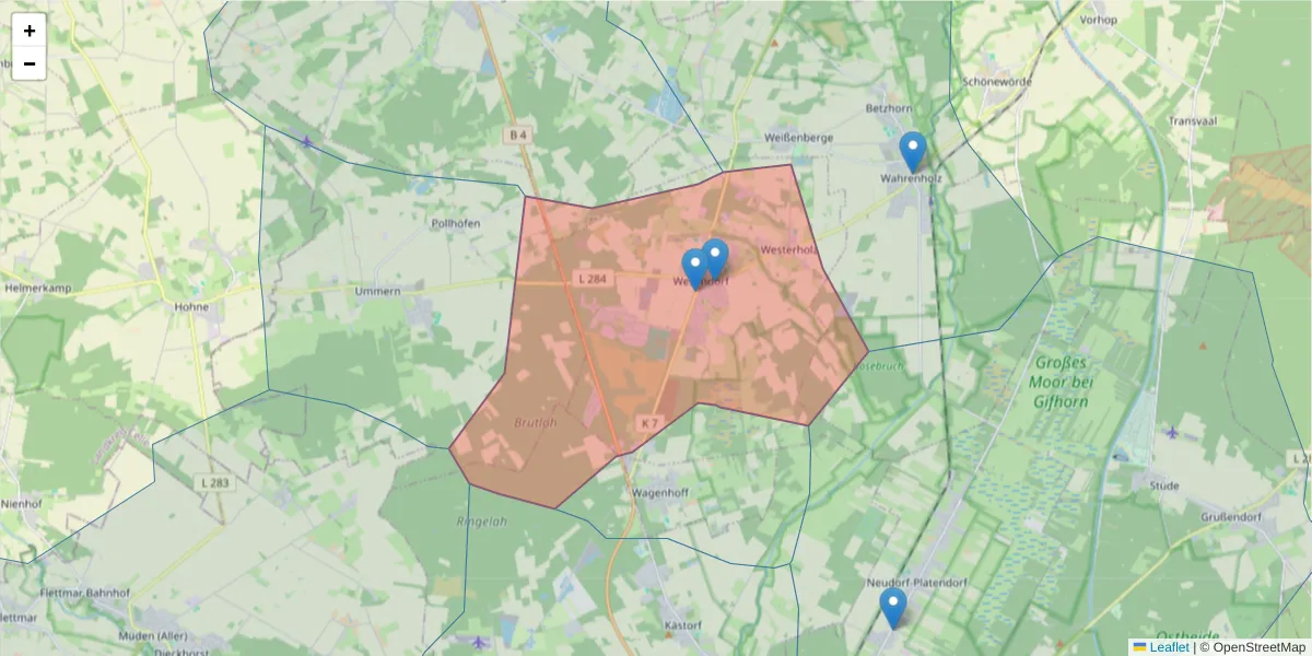 Karte des Postleitzahlen Bereichs  und der umliegenden Postleitzahlen in Deutschland
