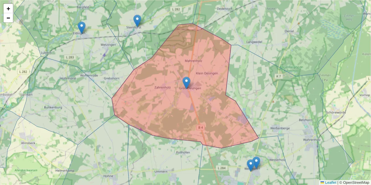 Karte des Postleitzahlen Bereichs  und der umliegenden Postleitzahlen in Deutschland