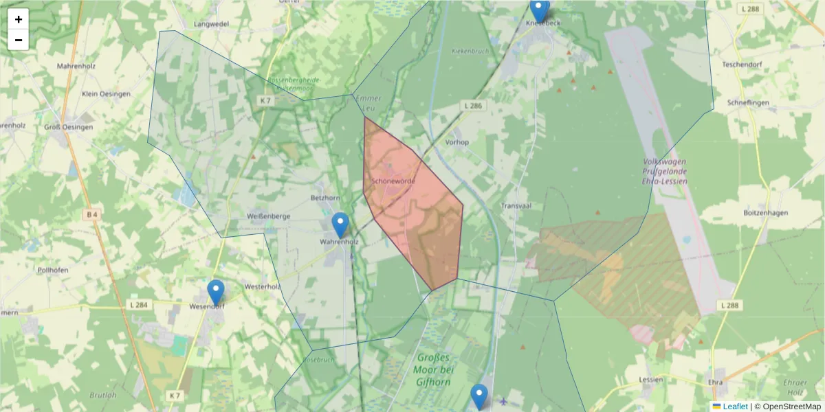 Karte des Postleitzahlen Bereichs  und der umliegenden Postleitzahlen in Deutschland