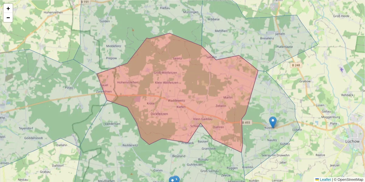 Karte des Postleitzahlen Bereichs  und der umliegenden Postleitzahlen in Deutschland