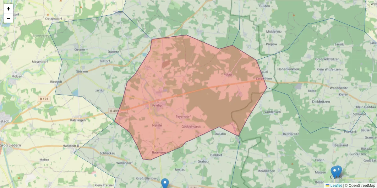 Karte des Postleitzahlen Bereichs  und der umliegenden Postleitzahlen in Deutschland