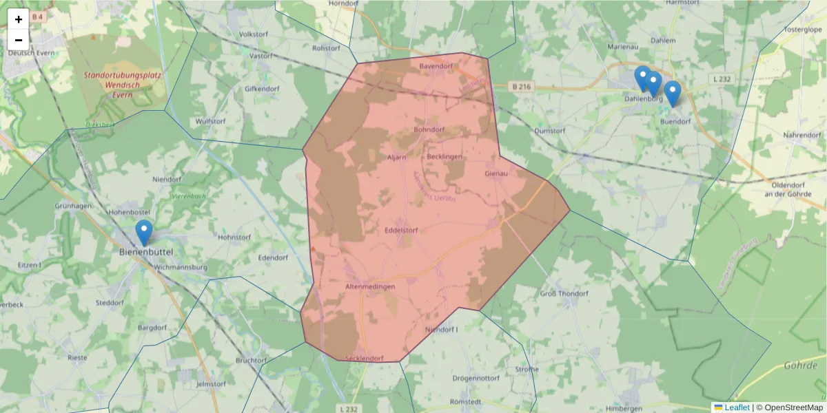 Karte des Postleitzahlen Bereichs  und der umliegenden Postleitzahlen in Deutschland