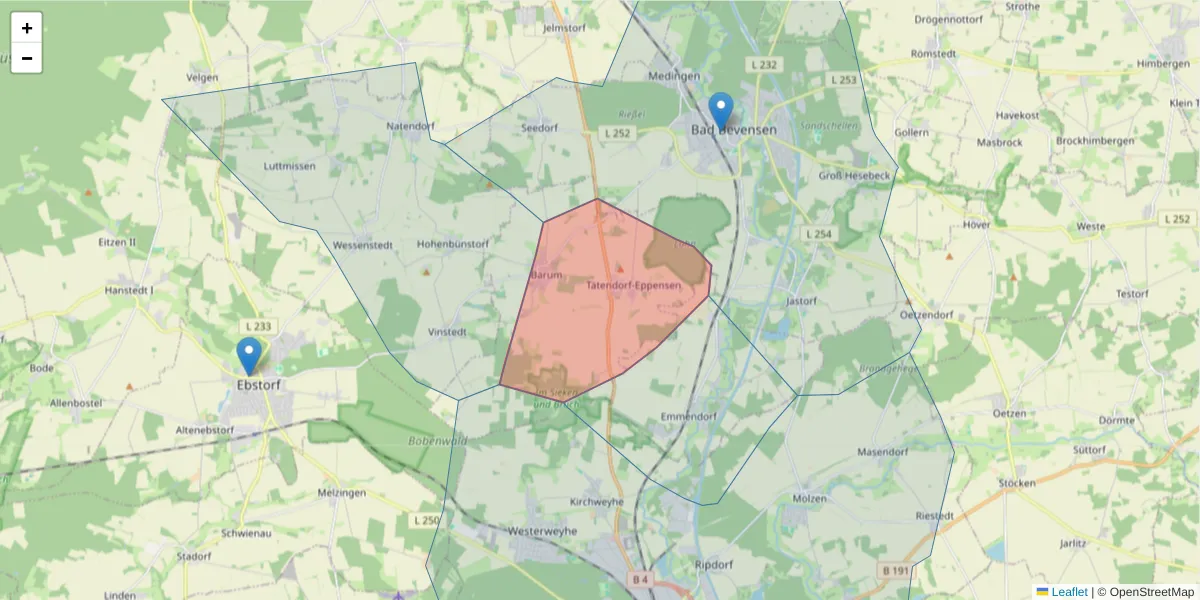 Karte des Postleitzahlen Bereichs  und der umliegenden Postleitzahlen in Deutschland