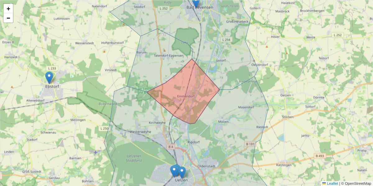 Karte des Postleitzahlen Bereichs  und der umliegenden Postleitzahlen in Deutschland
