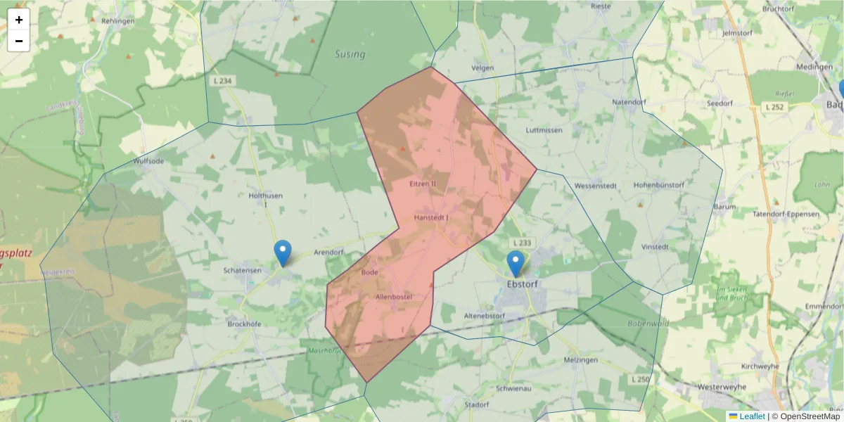 Karte des Postleitzahlen Bereichs  und der umliegenden Postleitzahlen in Deutschland