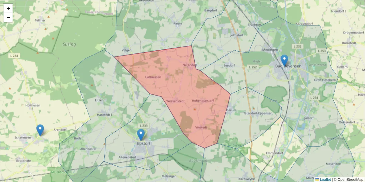 Karte des Postleitzahlen Bereichs  und der umliegenden Postleitzahlen in Deutschland