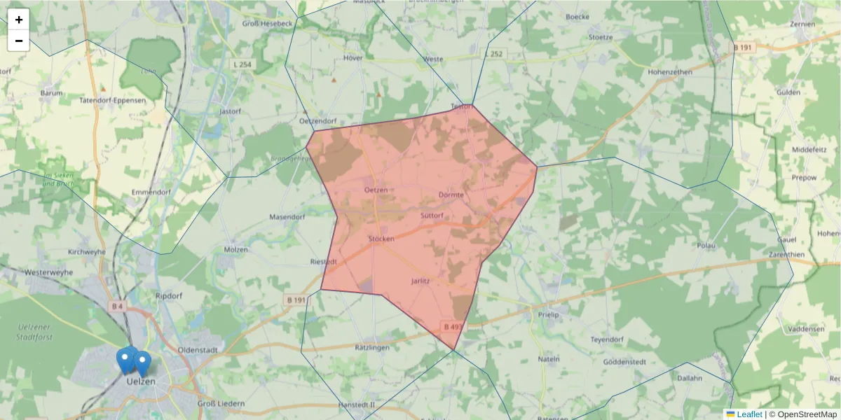 Karte des Postleitzahlen Bereichs  und der umliegenden Postleitzahlen in Deutschland