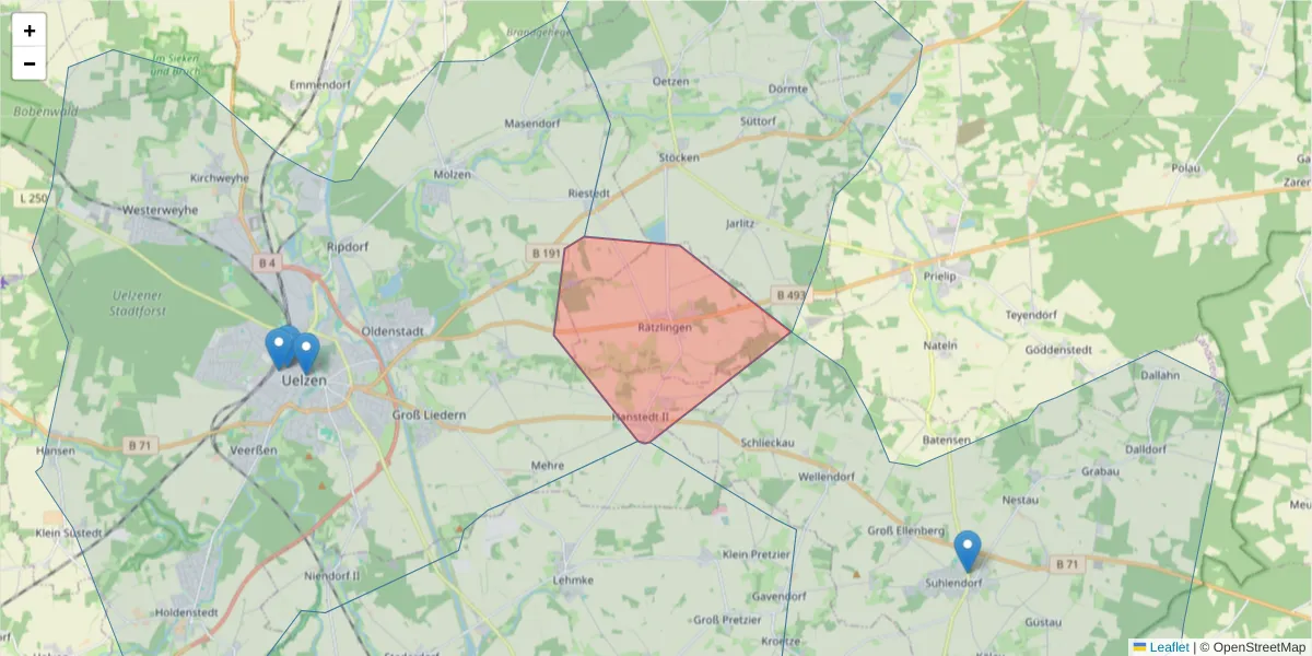 Karte des Postleitzahlen Bereichs  und der umliegenden Postleitzahlen in Deutschland