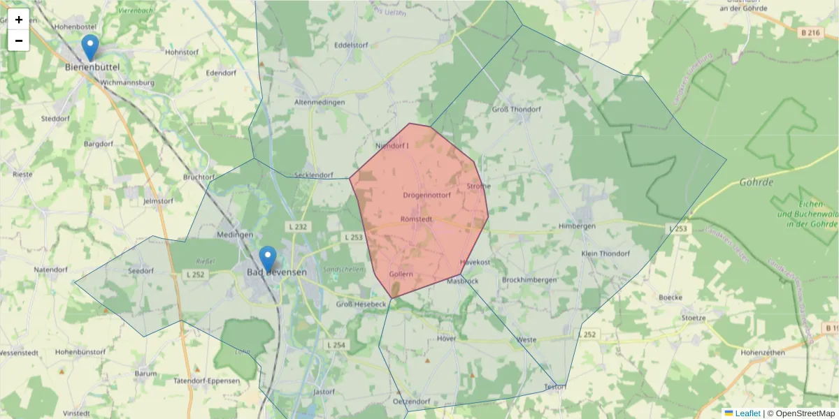 Karte des Postleitzahlen Bereichs  und der umliegenden Postleitzahlen in Deutschland