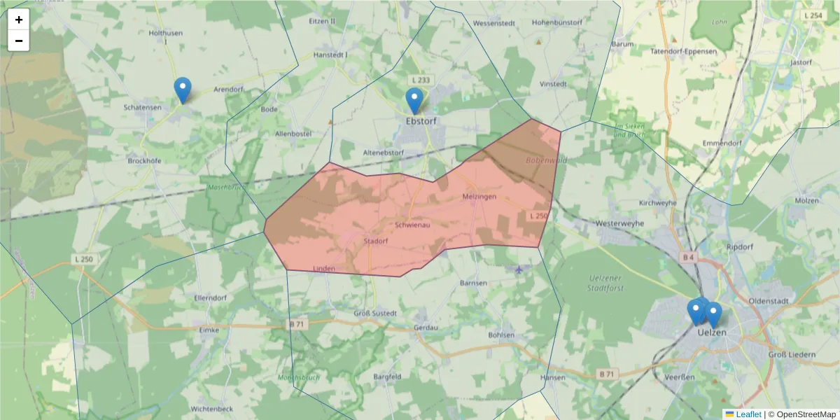 Karte des Postleitzahlen Bereichs  und der umliegenden Postleitzahlen in Deutschland