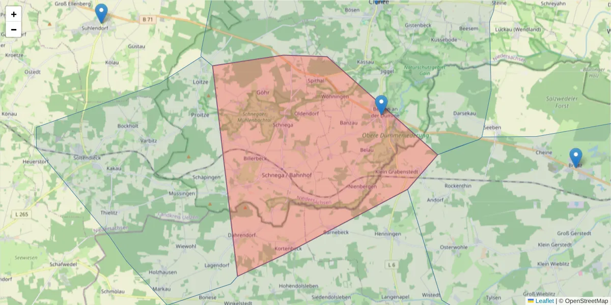 Karte des Postleitzahlen Bereichs  und der umliegenden Postleitzahlen in Deutschland