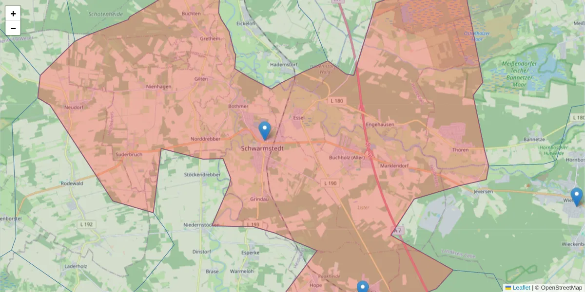 Karte des Postleitzahlen Bereichs  und der umliegenden Postleitzahlen in Deutschland