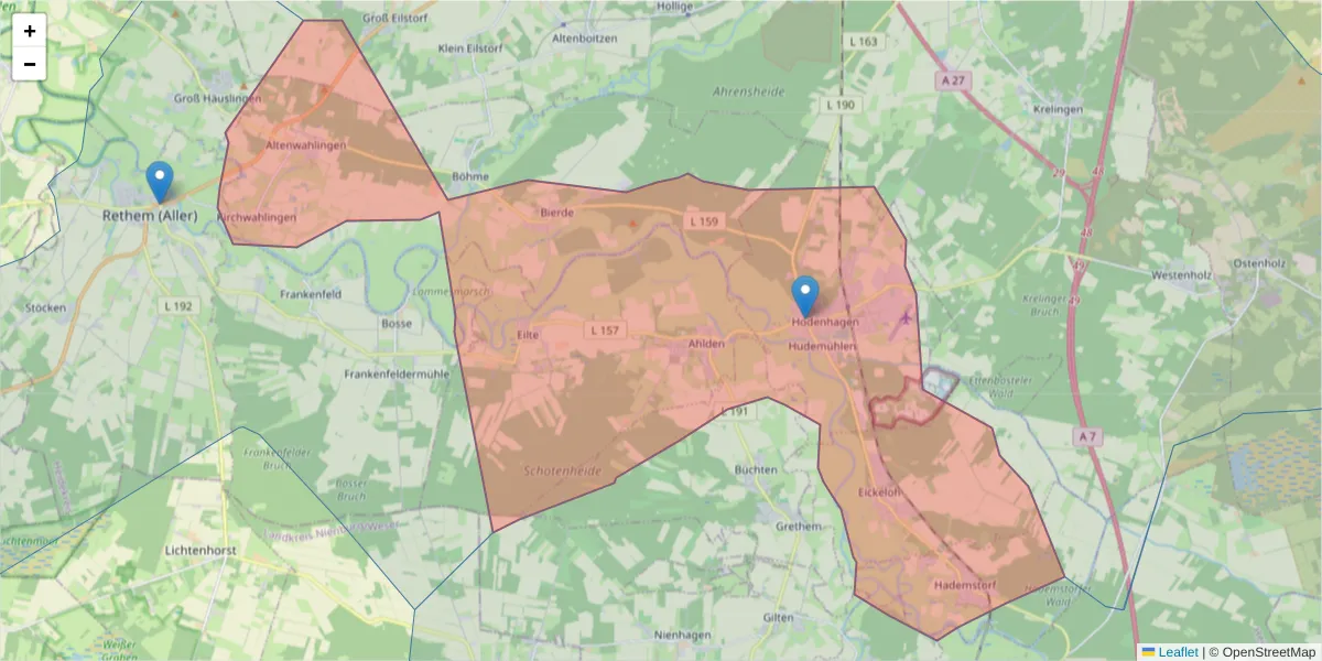 Karte des Postleitzahlen Bereichs  und der umliegenden Postleitzahlen in Deutschland