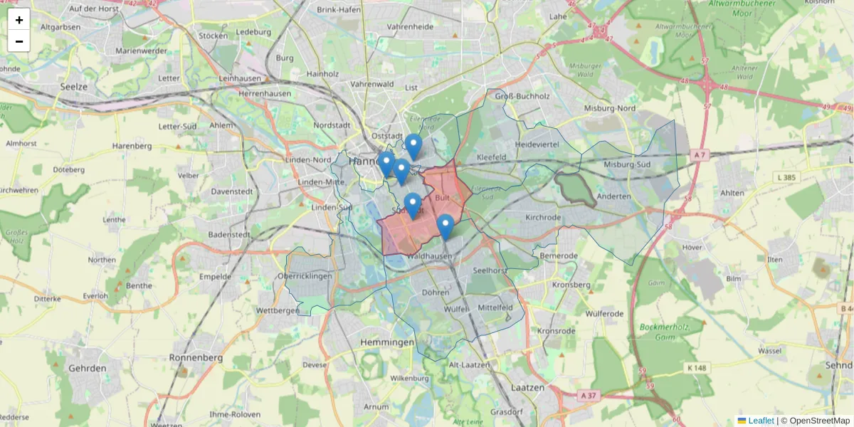 Karte des Postleitzahlen Bereichs  und der umliegenden Postleitzahlen in Deutschland