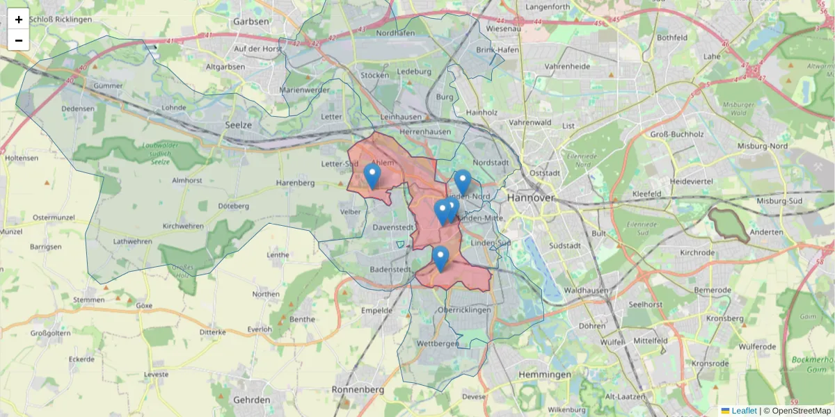 Karte des Postleitzahlen Bereichs  und der umliegenden Postleitzahlen in Deutschland