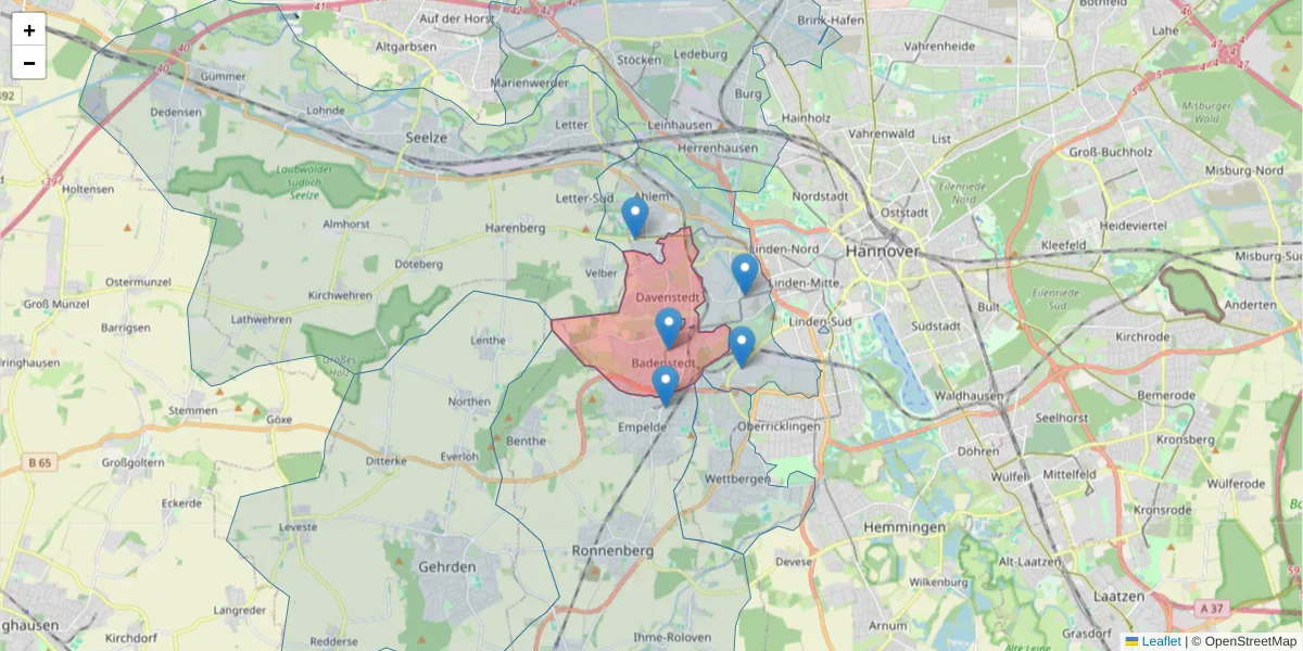Karte des Postleitzahlen Bereichs  und der umliegenden Postleitzahlen in Deutschland