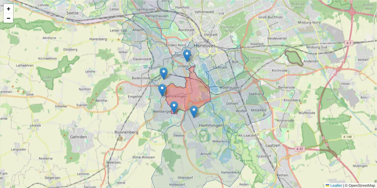 Karte des Postleitzahlen Bereichs  und der umliegenden Postleitzahlen in Deutschland