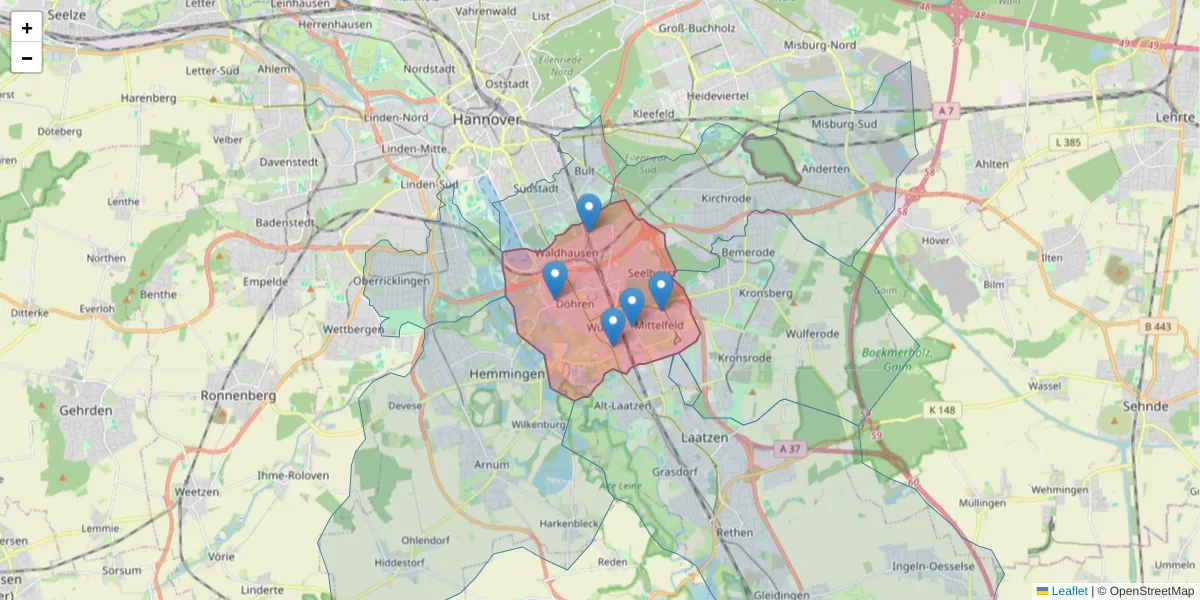 Karte des Postleitzahlen Bereichs  und der umliegenden Postleitzahlen in Deutschland