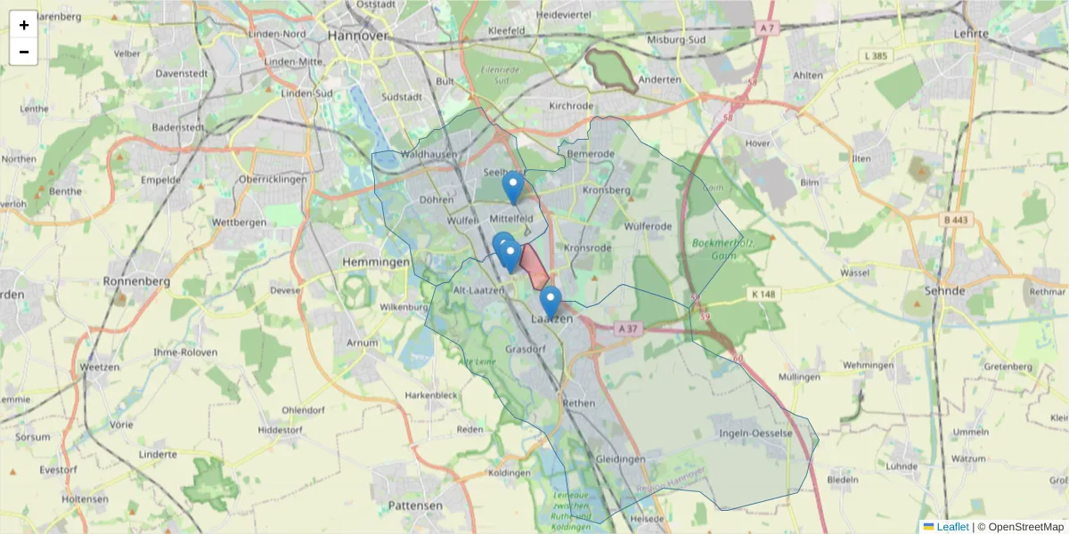 Karte des Postleitzahlen Bereichs  und der umliegenden Postleitzahlen in Deutschland