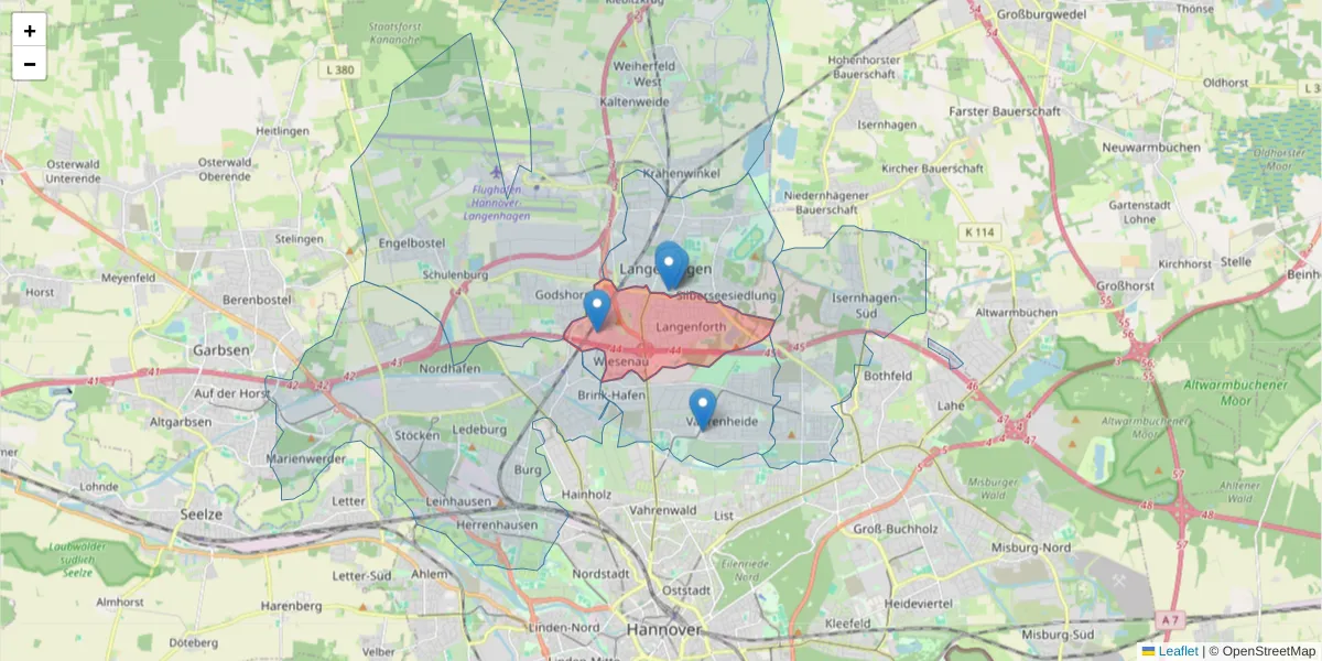 Karte des Postleitzahlen Bereichs  und der umliegenden Postleitzahlen in Deutschland