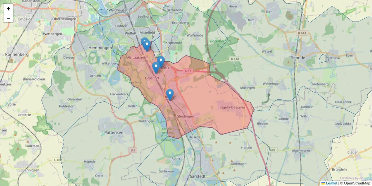 Karte des Postleitzahlen Bereichs  und der umliegenden Postleitzahlen in Deutschland