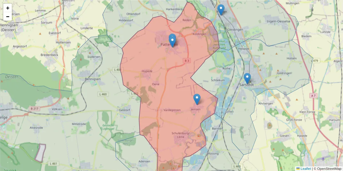 Karte des Postleitzahlen Bereichs  und der umliegenden Postleitzahlen in Deutschland