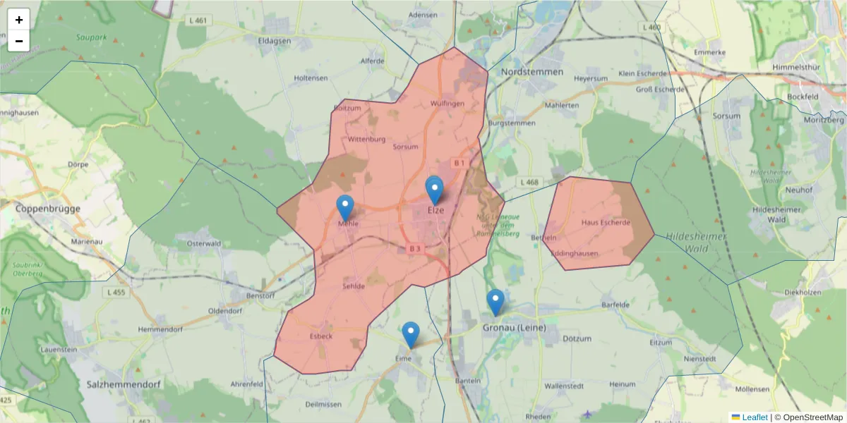 Karte des Postleitzahlen Bereichs  und der umliegenden Postleitzahlen in Deutschland