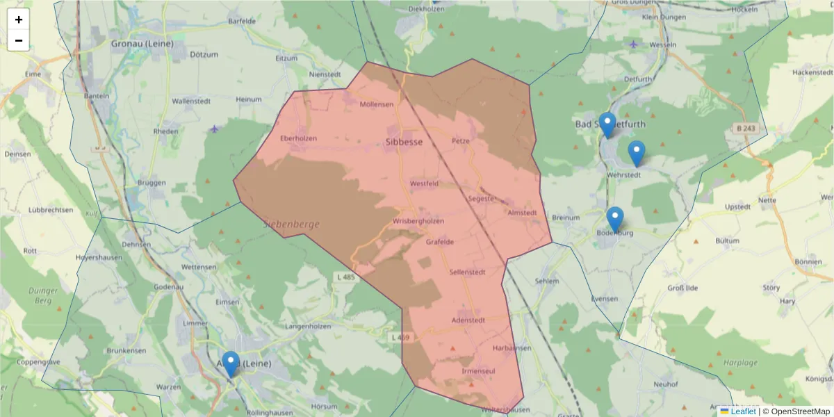 Karte des Postleitzahlen Bereichs  und der umliegenden Postleitzahlen in Deutschland
