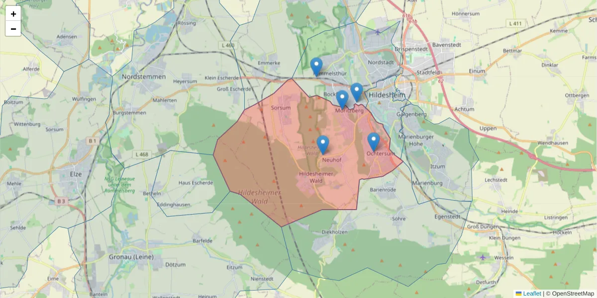 Karte des Postleitzahlen Bereichs  und der umliegenden Postleitzahlen in Deutschland