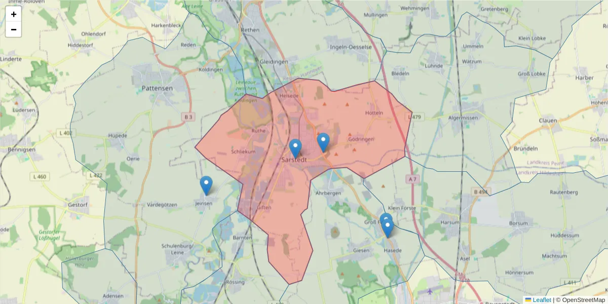 Karte des Postleitzahlen Bereichs  und der umliegenden Postleitzahlen in Deutschland
