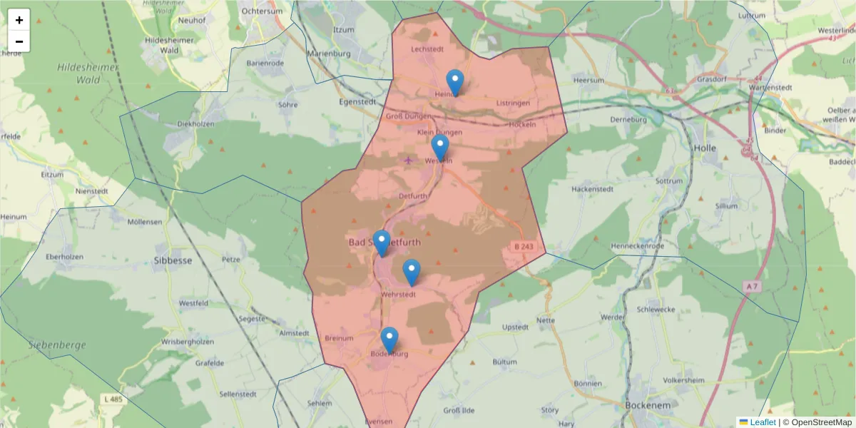Karte des Postleitzahlen Bereichs  und der umliegenden Postleitzahlen in Deutschland
