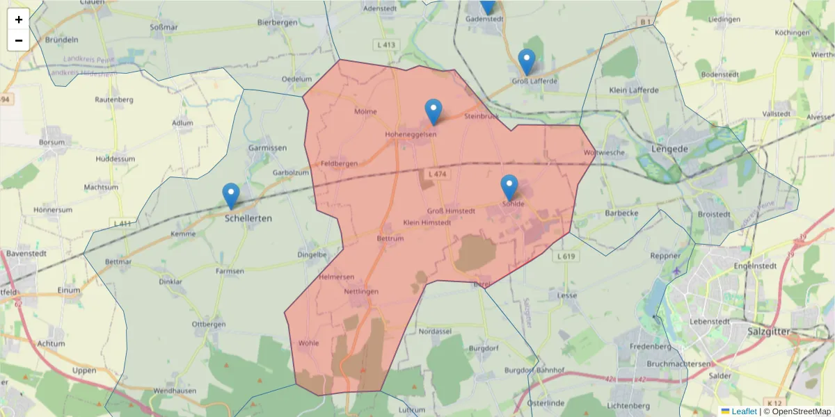 Karte des Postleitzahlen Bereichs  und der umliegenden Postleitzahlen in Deutschland