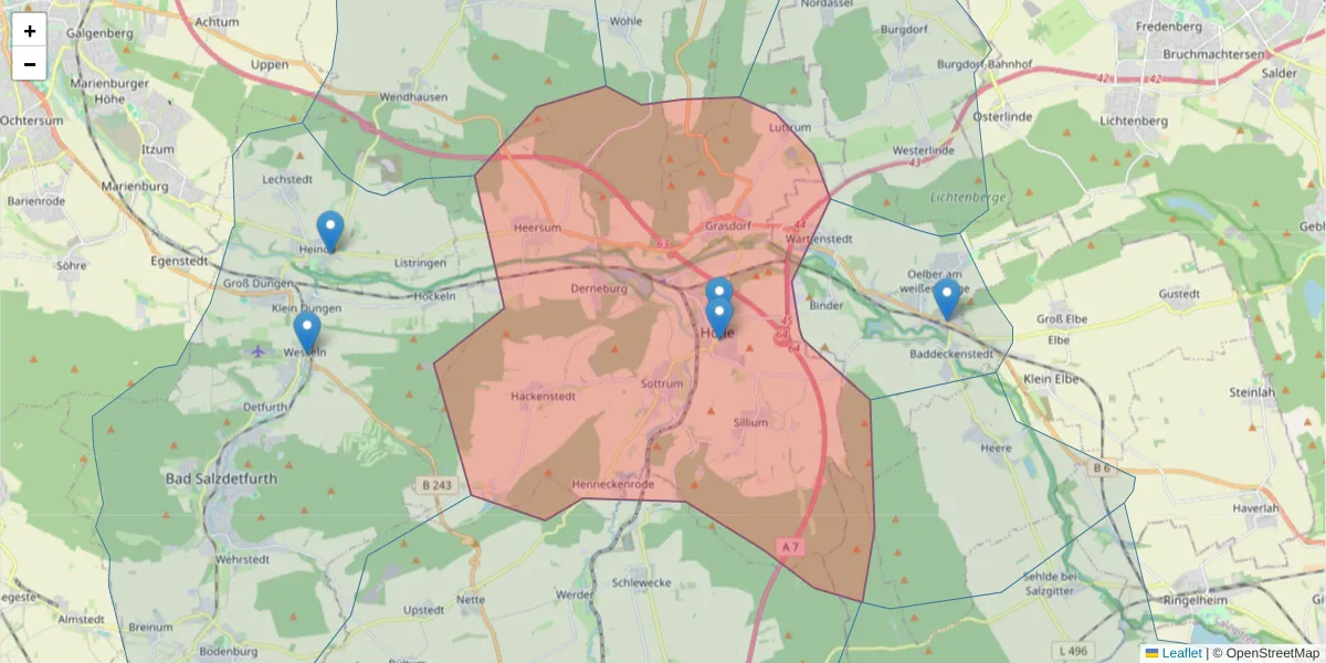 Karte des Postleitzahlen Bereichs  und der umliegenden Postleitzahlen in Deutschland