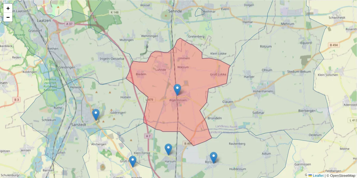 Karte des Postleitzahlen Bereichs  und der umliegenden Postleitzahlen in Deutschland