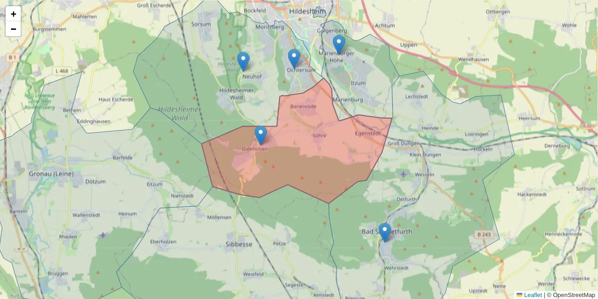 Karte des Postleitzahlen Bereichs  und der umliegenden Postleitzahlen in Deutschland