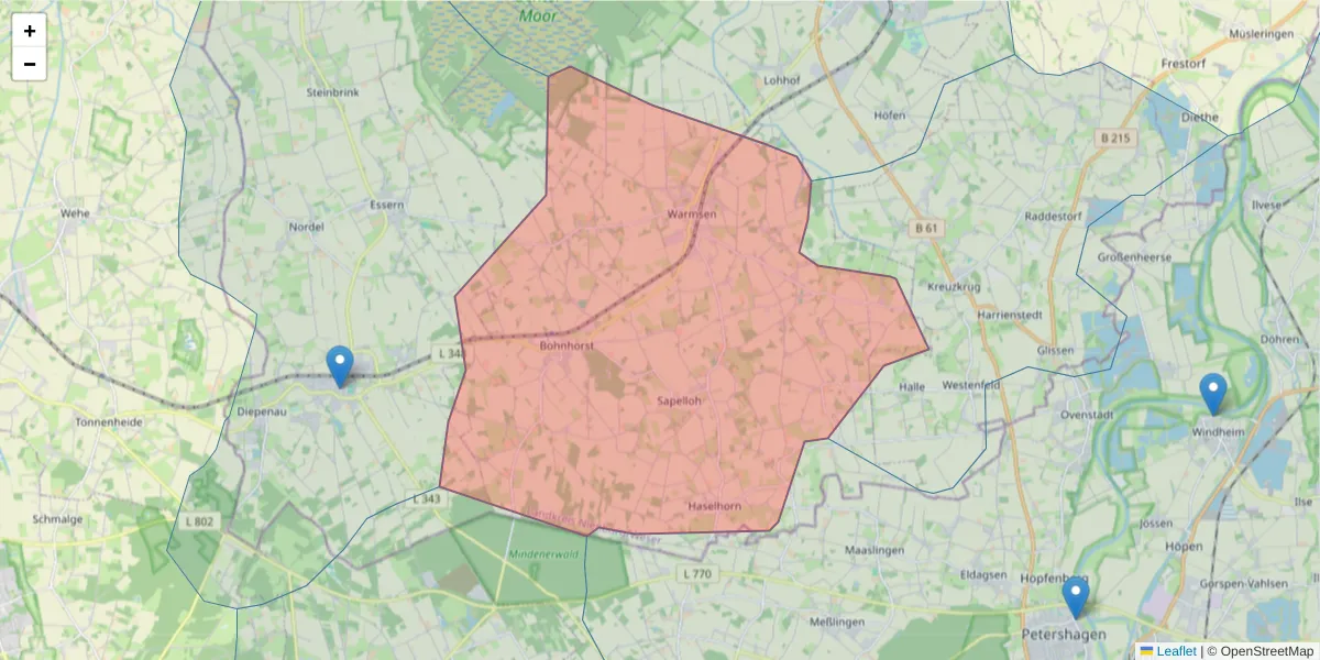 Karte des Postleitzahlen Bereichs  und der umliegenden Postleitzahlen in Deutschland