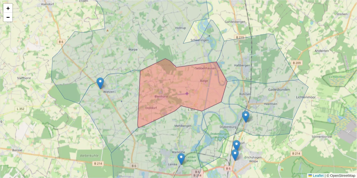 Karte des Postleitzahlen Bereichs  und der umliegenden Postleitzahlen in Deutschland